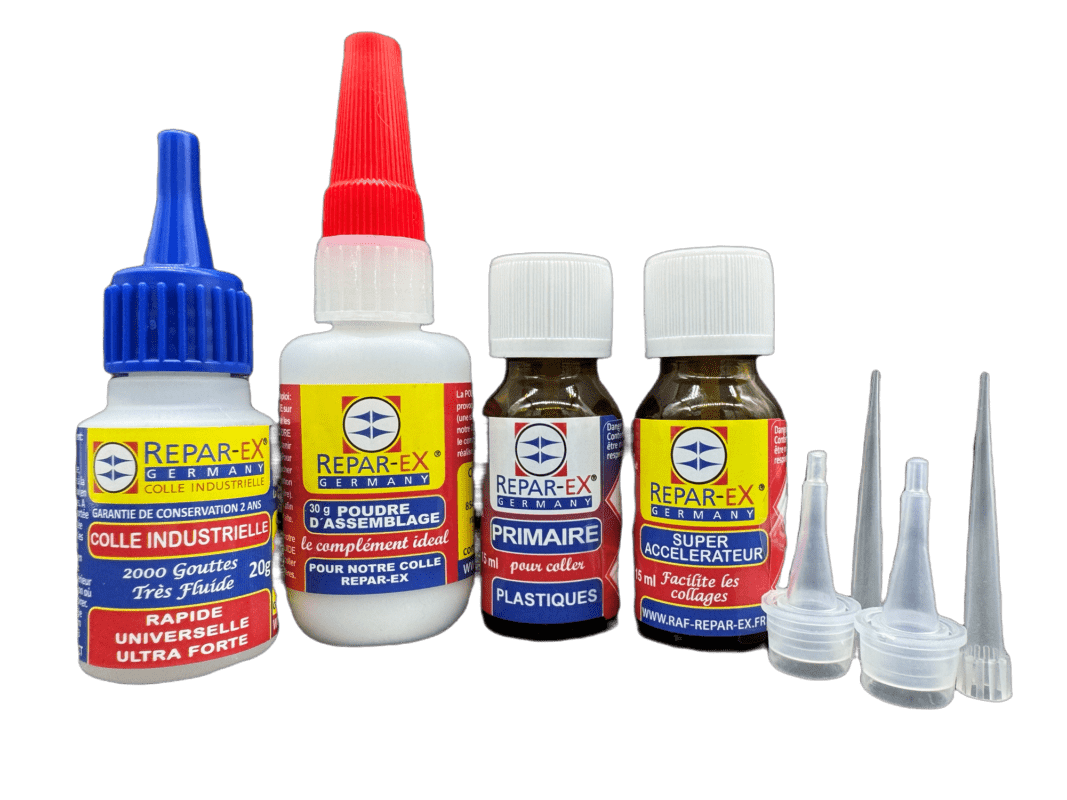 Lot de Colle Repar-Ex 20 gr + 1 Poudre d'Assemblage 30 gr + 1 Primaire de  Colle Repar-Ex 15 ml + Super Acclrateur - Raf-repar-ex